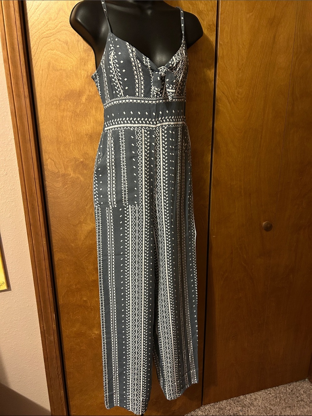 Derek Heart Grey & White Printed Spaghetti-Strap Jumpsuit
